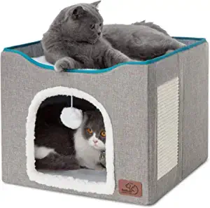 Bedsure Indoor Cat House with Fluffy Ball Hanging and Scratch Pad