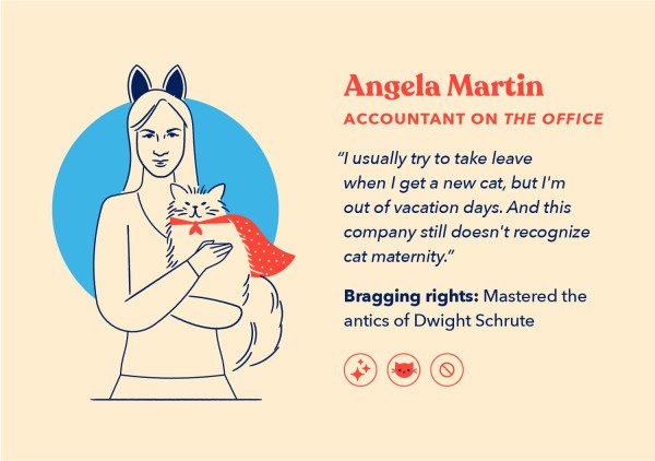 an illustration of Angela Martin,  the token cat lady on The Office, holding a cat who is in a cape