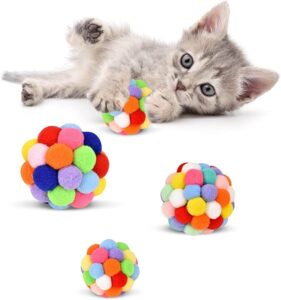 TUSATIY Colorful Soft Fuzzy Balls with Built-in Bell Interactive Kitten Teething Toys